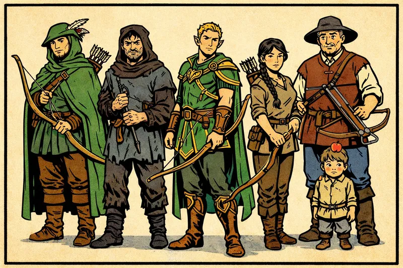 Rappresentazione di diversi eroi armati di arco, tra cui Robin Hood, Legolas e Katniss Everdeen